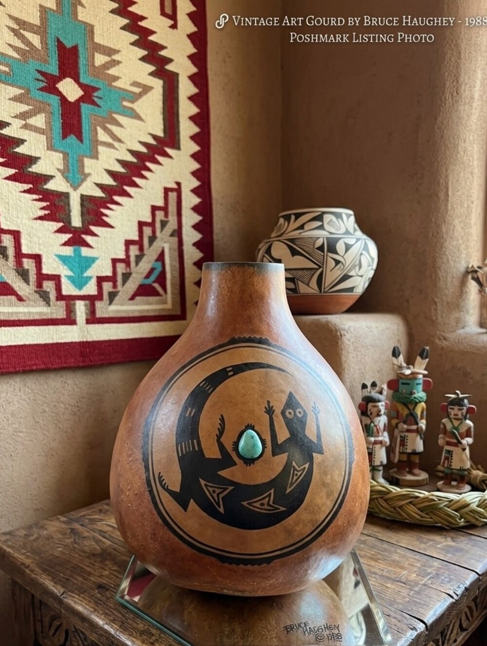 🌙Large Vintage Bruce Haughey Signed Southwestern Art Gourd Lizard Turquoise '88